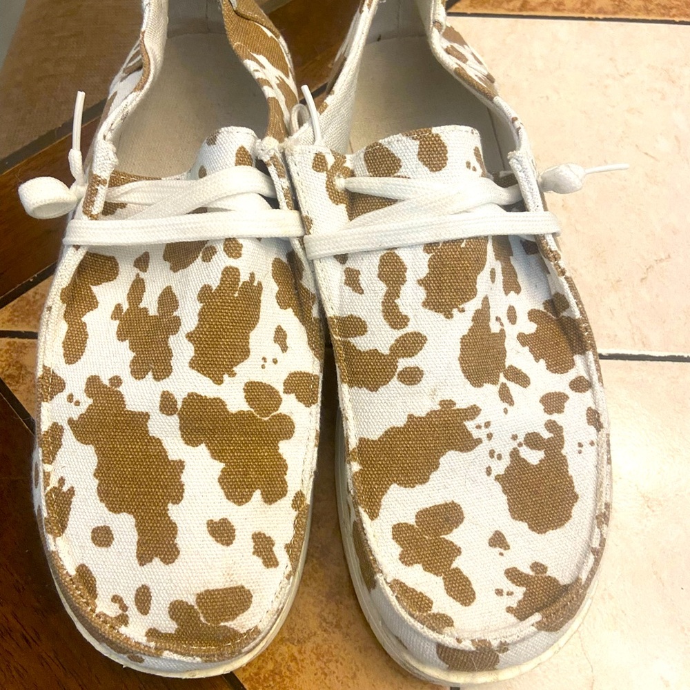 Casual Women's Canvas Slip-On Shoes in White & Brown Cow Print